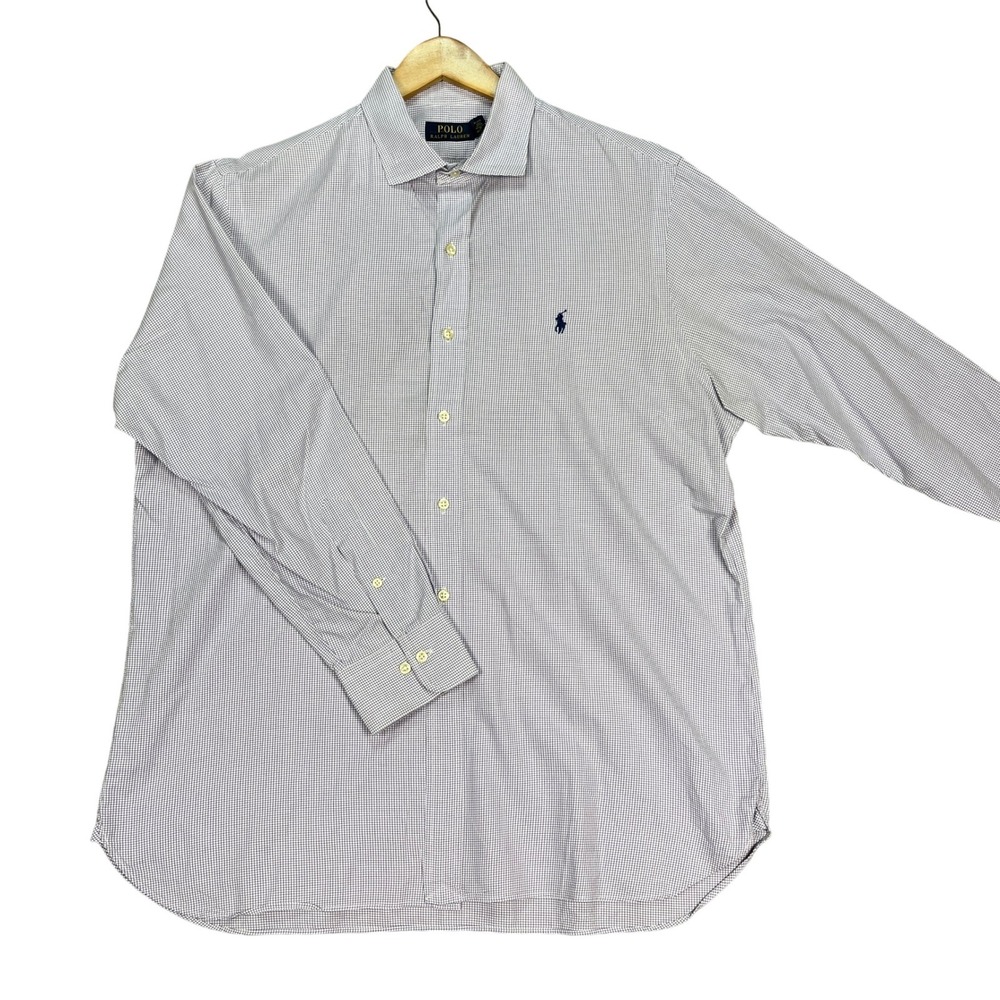 Polo Ralph Lauren Button Down Shirt Mens 16.5 32-33 Purple White Grid Check PONY